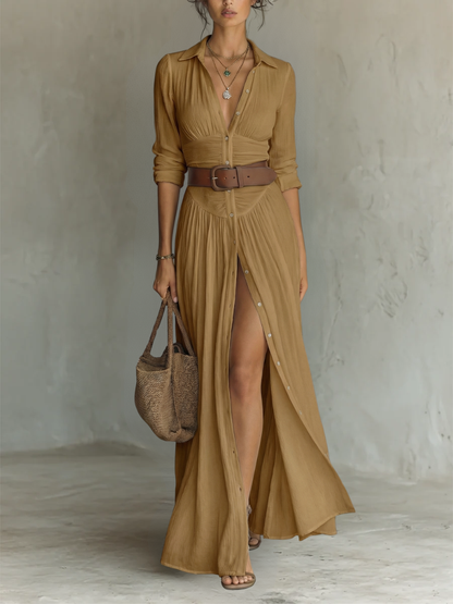 Ismérie - Robe Maxi Longue à Col à Revers et Manches Longues