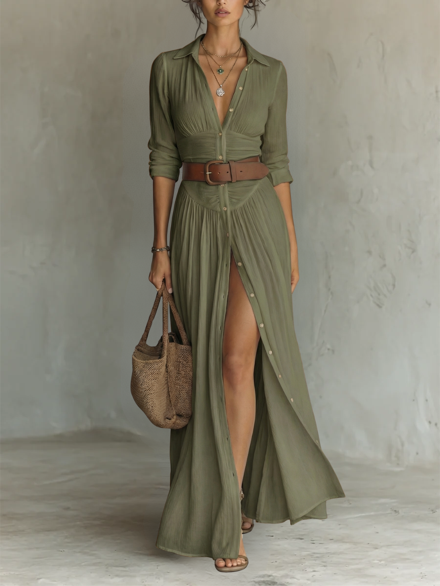 Philippa - Robe Maxi Longue à Col à Revers et Manches Longues