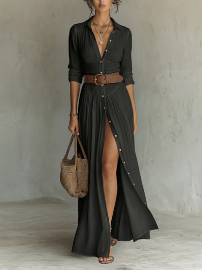 Philippa - Robe Maxi Longue à Col à Revers et Manches Longues