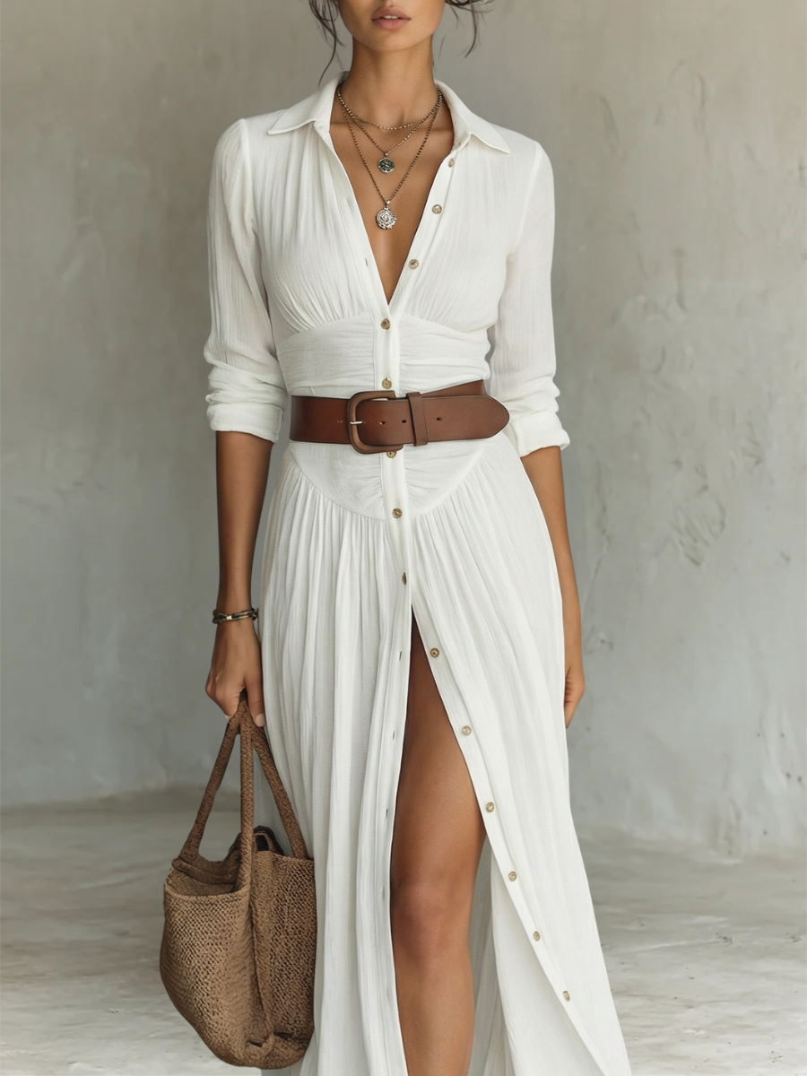 Philippa - Robe Maxi Longue à Col à Revers et Manches Longues