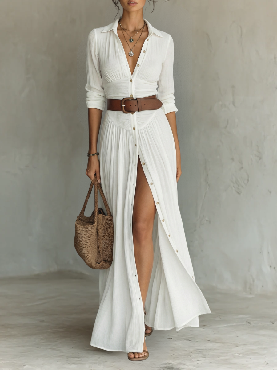 Ismérie - Robe Maxi Longue à Col à Revers et Manches Longues