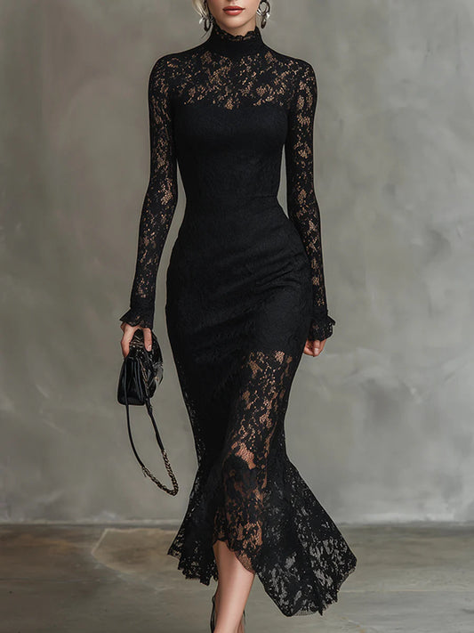 Ondine | Robe Maxi Élégante Noire en Dentelle Extensible, Coupe Sirène