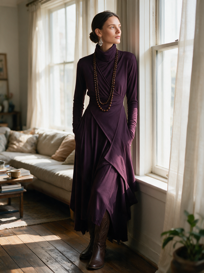 Édith - Robe Maxi Bohème en Coton à Col Montant et Drapé Asymétrique