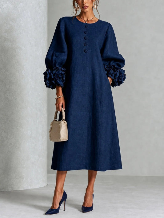 Angeline – Robe Midi Fleurie à Boutons et Poignets Fleuris Marquants