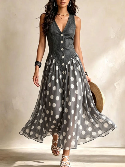 Gwenola - Robe Longue en Jean à Pois