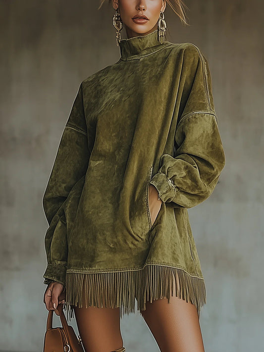 Aimée - Robe en Suédine à Col Montant et Franges