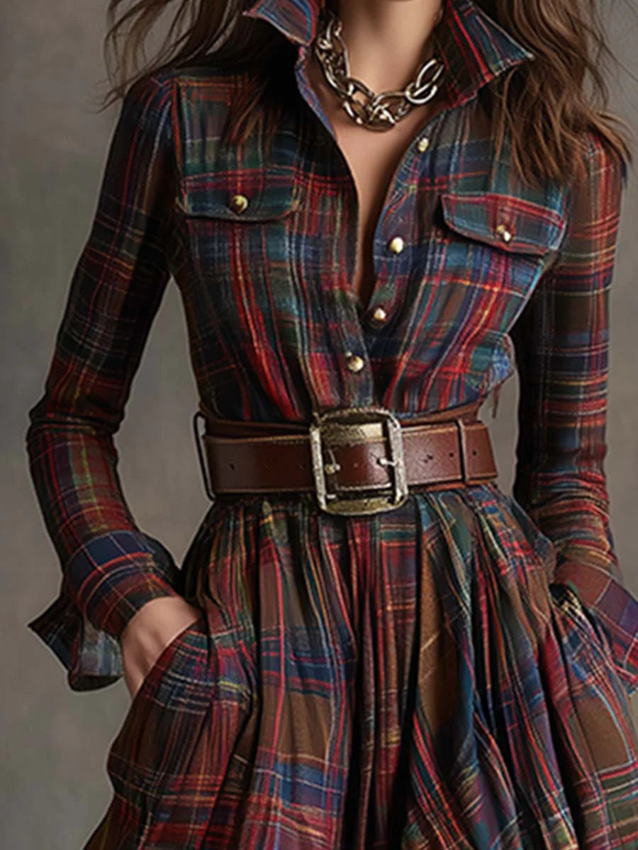 Daphnée - Robe Longue à Carreaux avec Ceinture