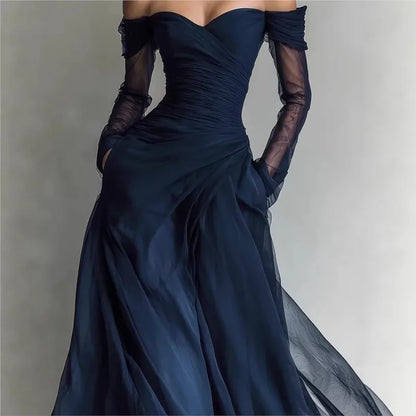 Enola - Robe Longue Épaules Dénudées à Inserts en Mesh