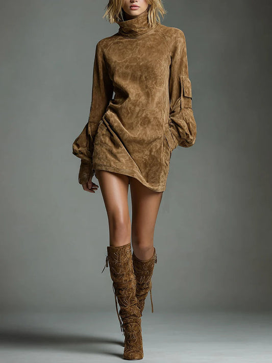 Bibiane | Mini Robe Oversize en Suédine à Col Montant