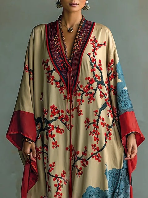 Prunelle | Robe Maxi Japonaise à Fleurs de Prunier Rouges et Manches Chauve-Souris