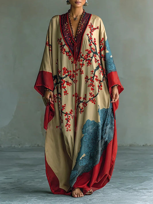 Prunelle | Robe Maxi Japonaise à Fleurs de Prunier Rouges et Manches Chauve-Souris