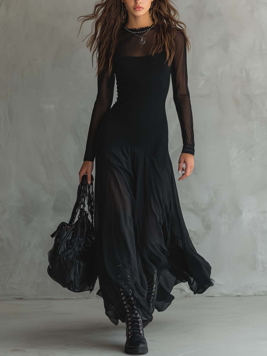 Ysée - Robe Maxi Évasée en Tulle Noir