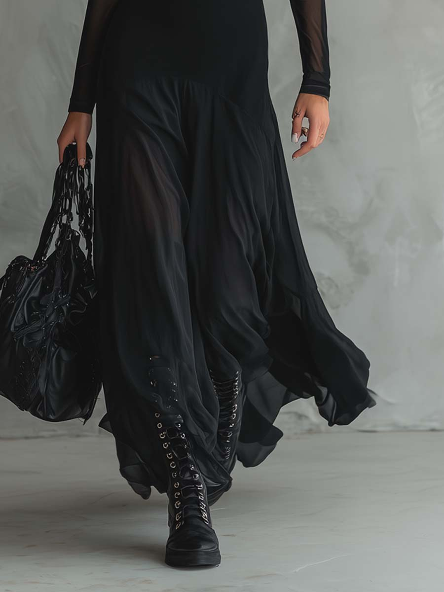 Ysée - Robe Maxi Évasée en Tulle Noir