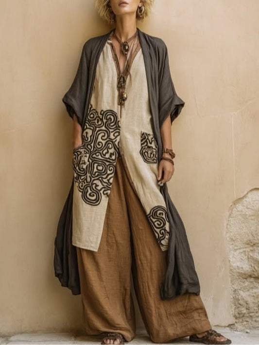 Juliette | Ensemble trois pièces nomade bohème gris foncé et marron à motif tribal