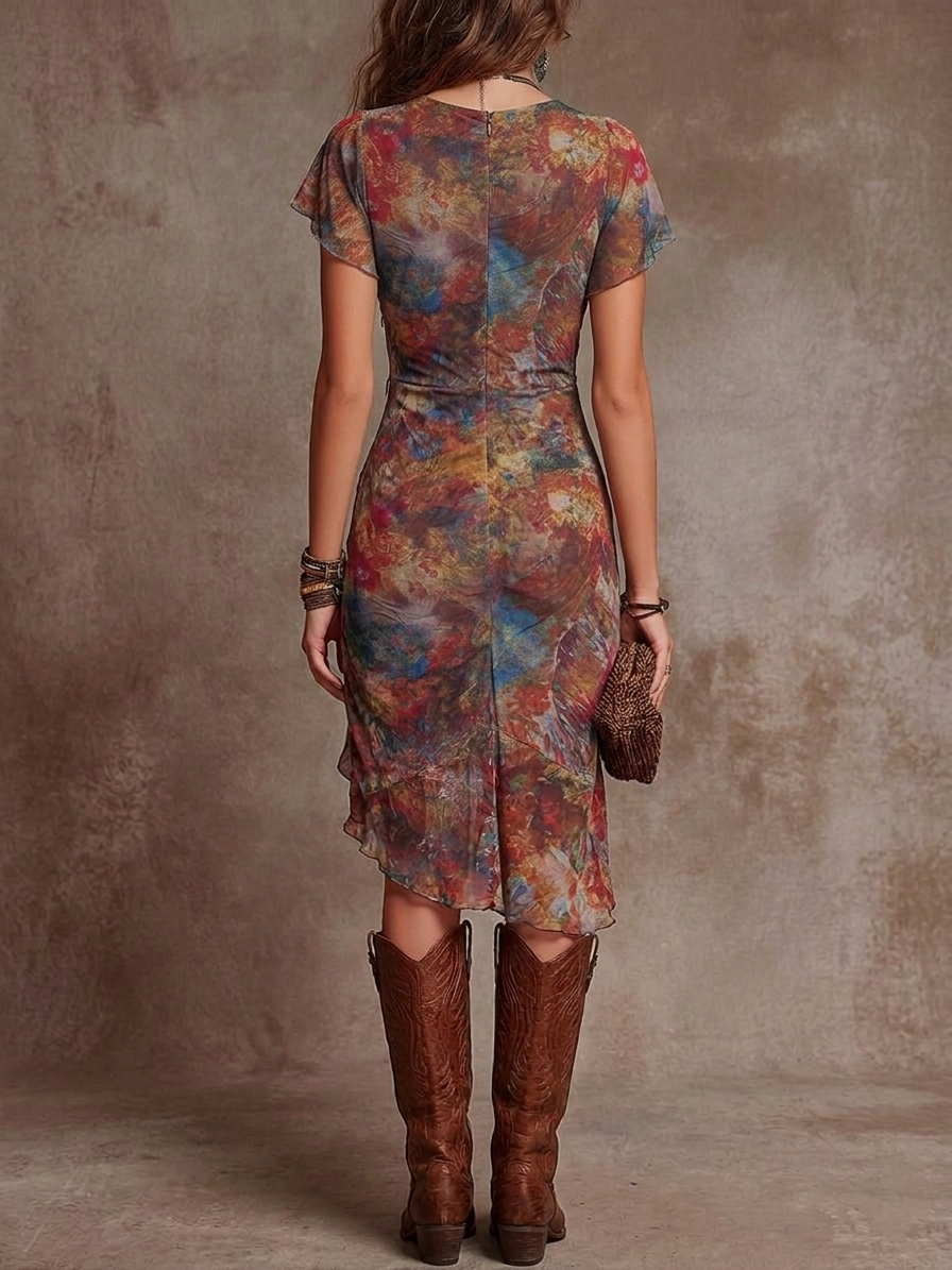 Delphine | Robe Midi Plissée, Col en V, Imprimé d'Art Abstrait Style Bohème