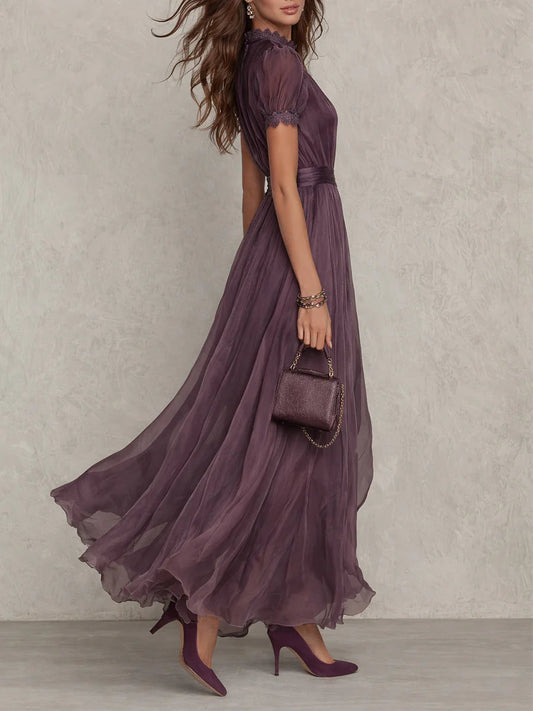Héléna - Robe Maxi Violette en Mousseline à Encolure Goutte