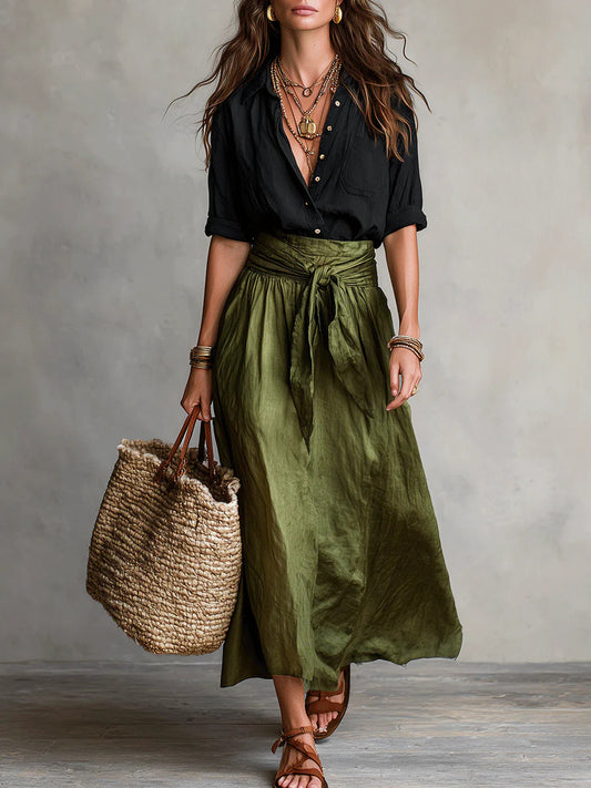Vera – Ensemble Deux Pièces : T-shirt Noir et Jupe Midi Vert Olive