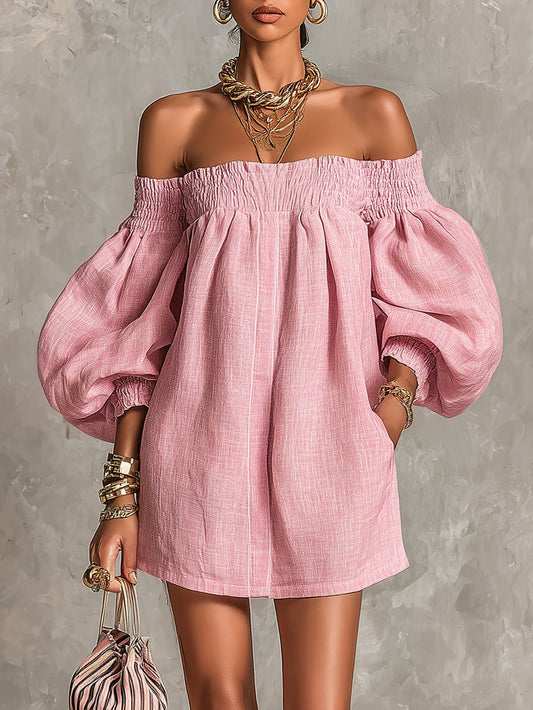 Rosabelle | Mini Robe Trapèze Ample, Manches Lanterne, Épaules Dénudées Roses