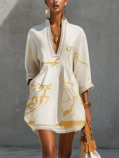 Sabeline - Mini Robe Noire à Imprimé Effet Marbre Doré et Dentelle Crochet