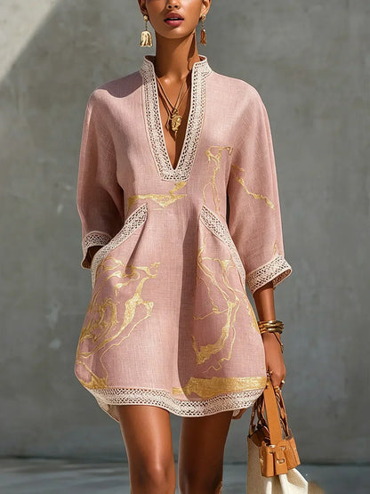 Sabeline - Mini Robe Noire à Imprimé Effet Marbre Doré et Dentelle Crochet