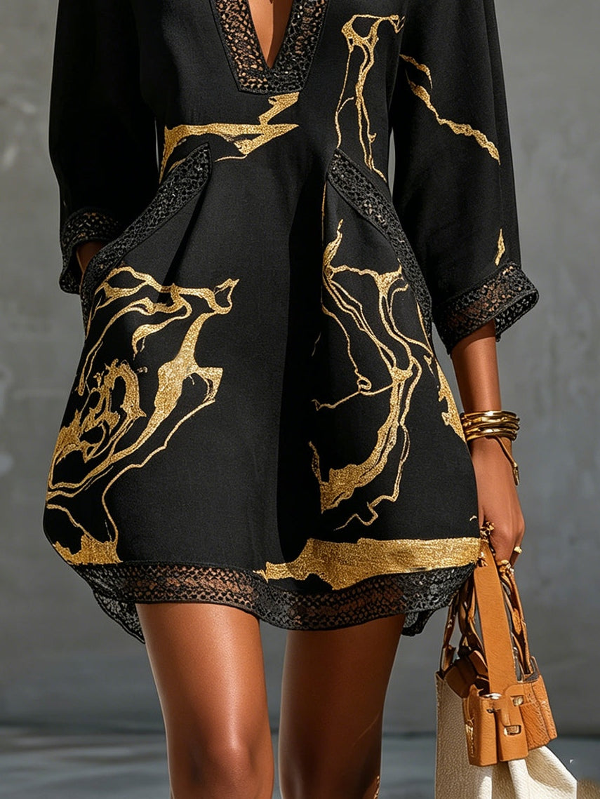 Aube | Mini Robe en Dentelle Noire et Dorée