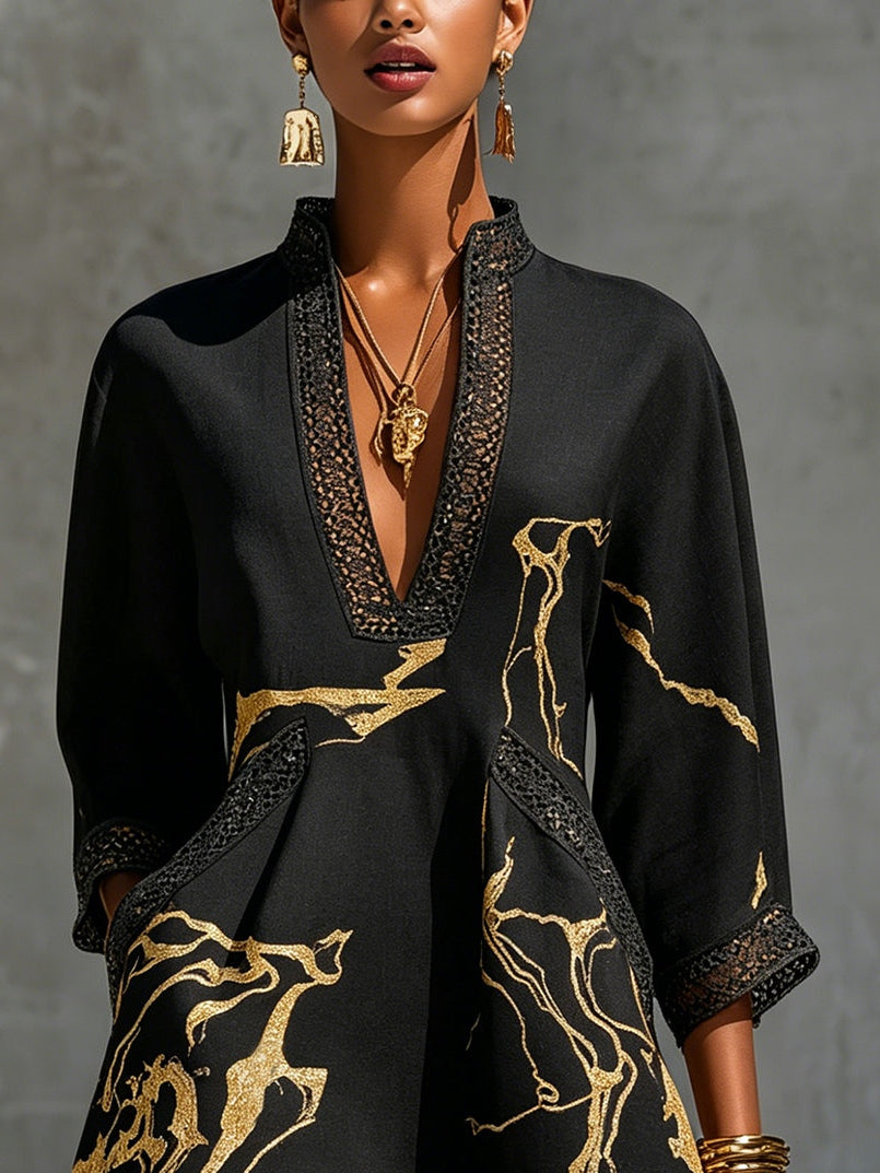 Aube | Mini Robe en Dentelle Noire et Dorée