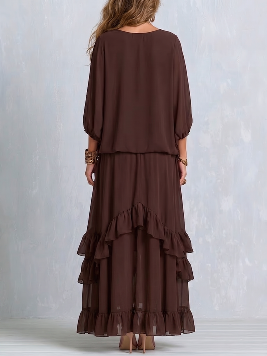 Bérénice | Ensemble Haut en Mousseline Marron à Col en V avec Pompons et Jupe Volantée Superposée