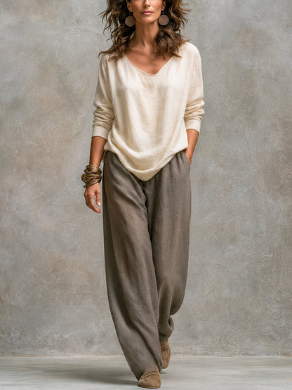 Mahaut - Ensemble Trois Pièces avec Pantalon Palazzo, Beige et Gris