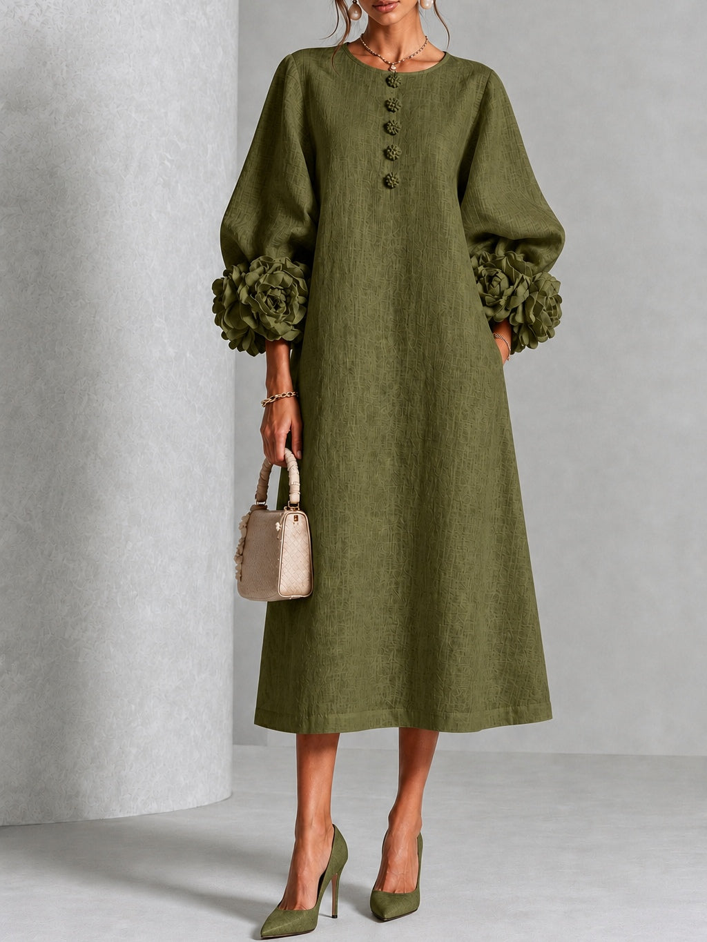 Olivia | Robe Boutonnée Fleurie Olive