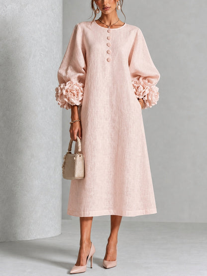 Églantine | Robe Midi Florale Rose Boutonnée à Manches Fantaisie