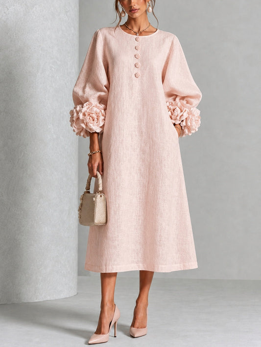 Églantine | Robe Midi Florale Rose Boutonnée à Manches Fantaisie