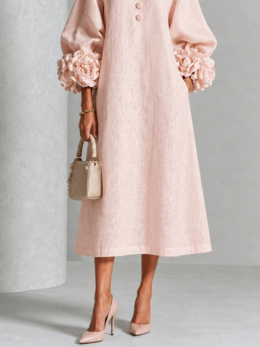 Églantine | Robe Midi Florale Rose Boutonnée à Manches Fantaisie