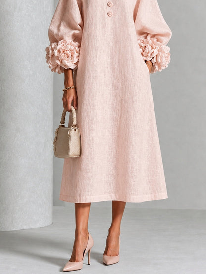 Églantine | Robe Midi Florale Rose Boutonnée à Manches Fantaisie