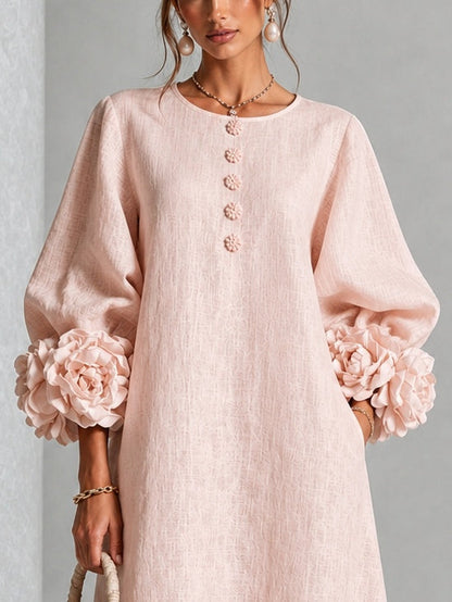 Églantine | Robe Midi Florale Rose Boutonnée à Manches Fantaisie