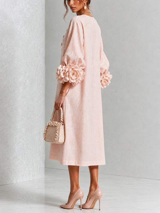 Églantine | Robe Midi Florale Rose Boutonnée à Manches Fantaisie