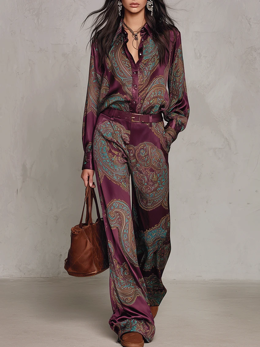 Apolline | Ensemble Chemise Satinée à Imprimé Cachemire et Pantalon Large Bordeaux-Violet (Ceinture Incluse)