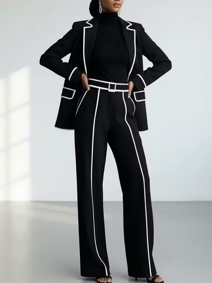 Claudine | Ensemble Deux Pièces Blazer avec Passepoil Contrastant Noir et Pantalon Large