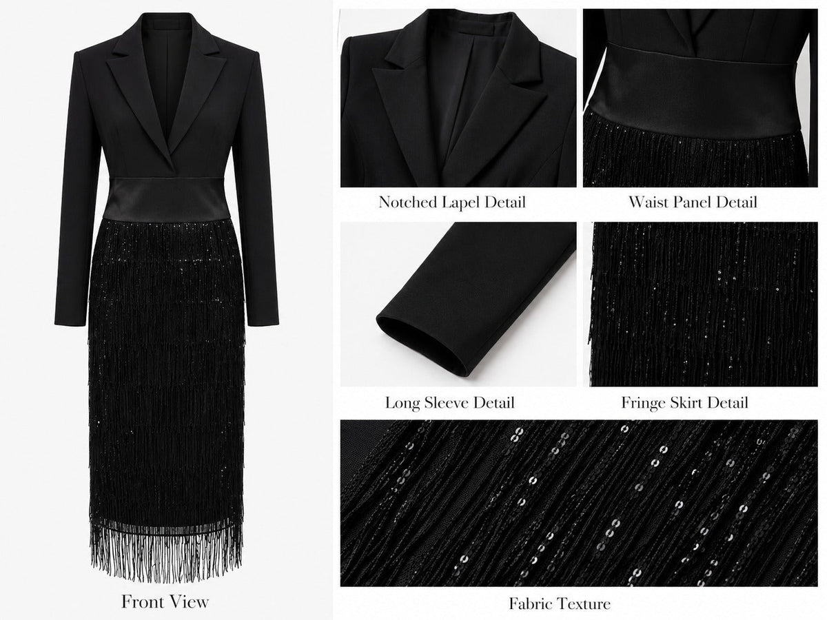 Yolène - Robe Midi Effet Blazer à Sequins et Franges, Noir