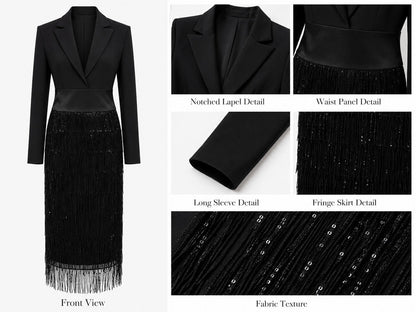 Laurie - Robe Midi Effet Blazer à Sequins et Franges, Noir