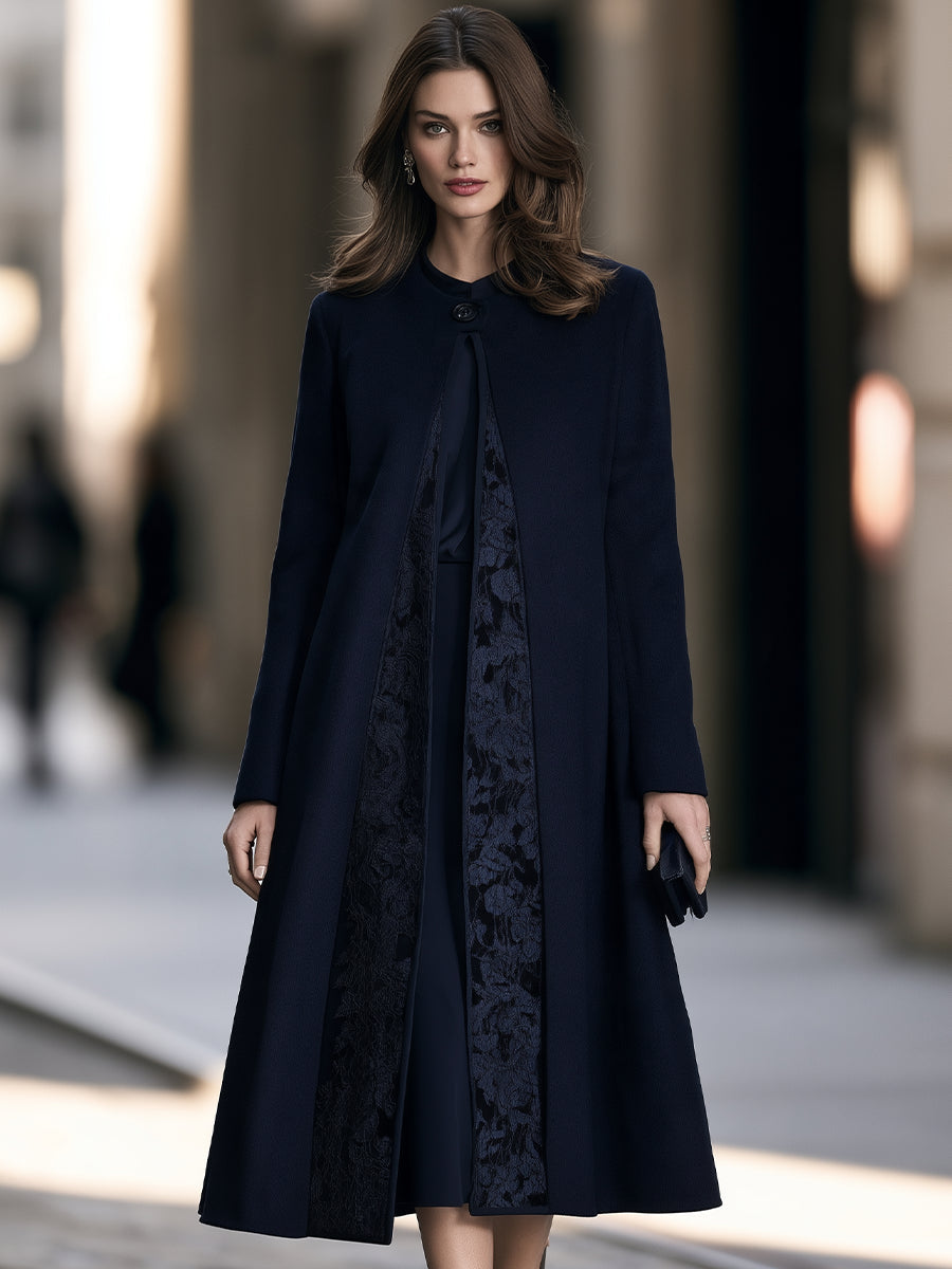 Anne-Bérangère - Manteau Midi Évasé à Empiècements en Dentelle
