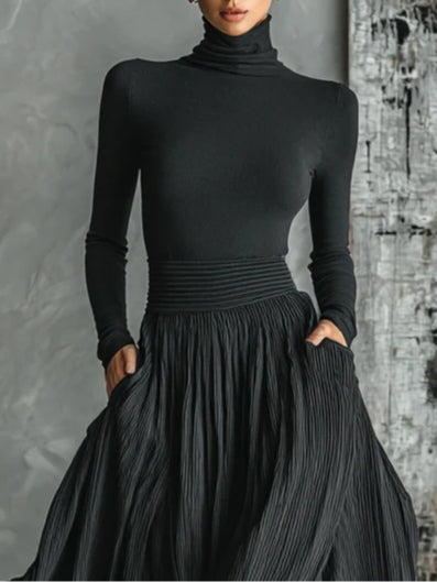 Rachelle | Ensemble Jupe Plissée et T-shirt à Manches Longues Noir