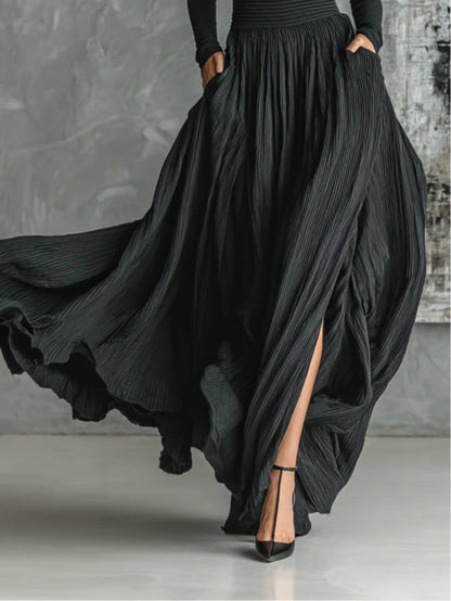 Loane - Ensemble Jupe Plissée et T-shirt à Manches Longues Noir