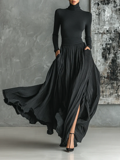 Loane - Ensemble Jupe Plissée et T-shirt à Manches Longues Noir