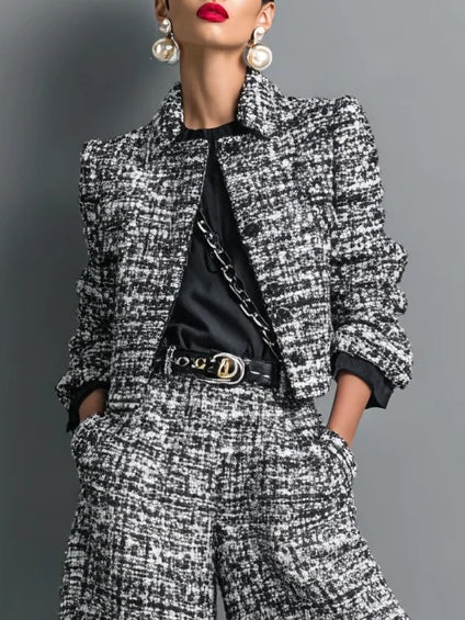 Joséphine | Ensemble Veste Courte Croisée en Tweed et Pantalon Large