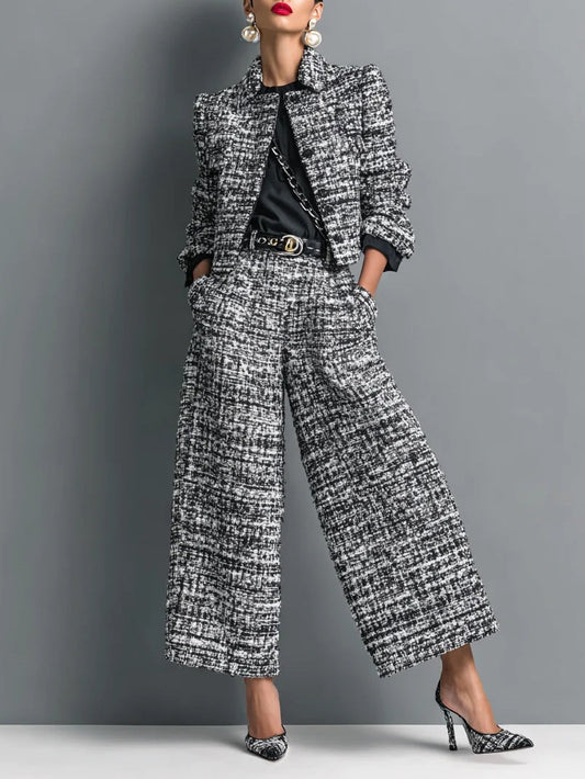 Joséphine | Ensemble Veste Courte Croisée en Tweed et Pantalon Large