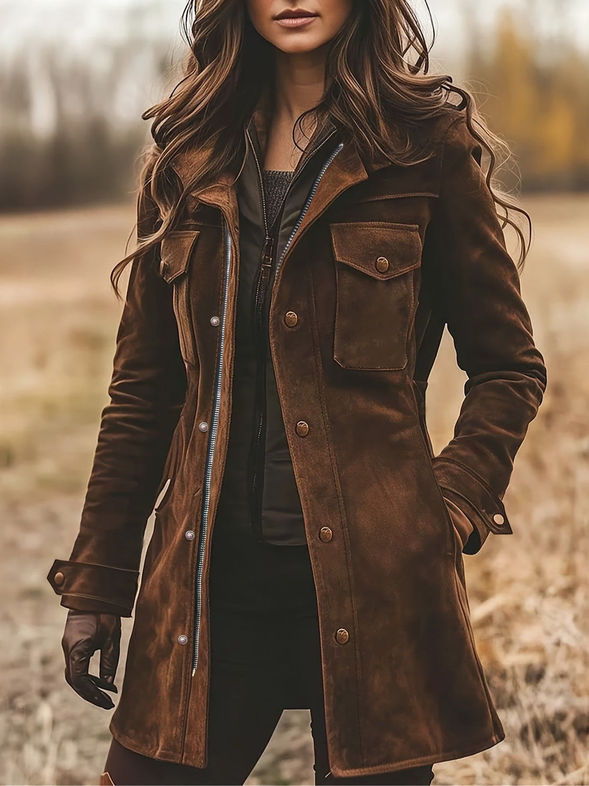 Anne-Mathilde - Manteau Vintage en Suédine à Col Revers