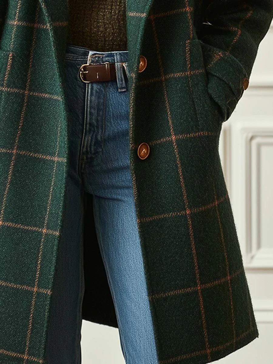 Anne-Victorine - Manteau Mi-long Vintage à Carreaux Verts