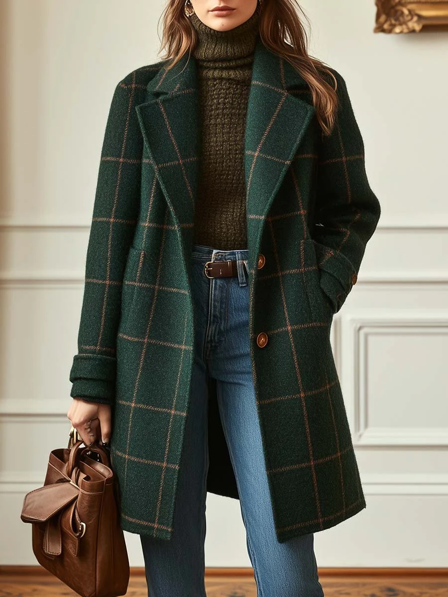 Anne-Victorine - Manteau Mi-long Vintage à Carreaux Verts