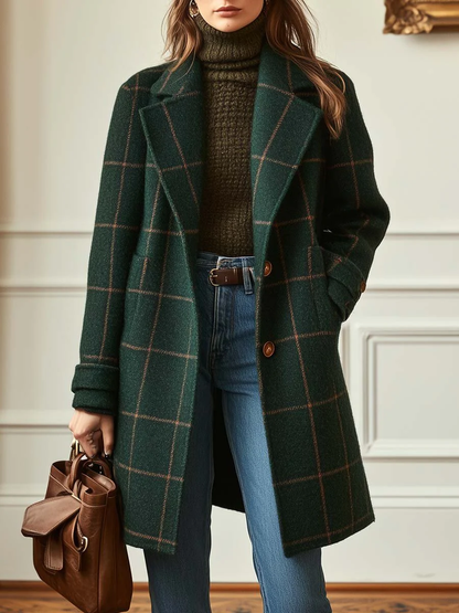 Anne-Victorine - Manteau Mi-long Vintage à Carreaux Verts