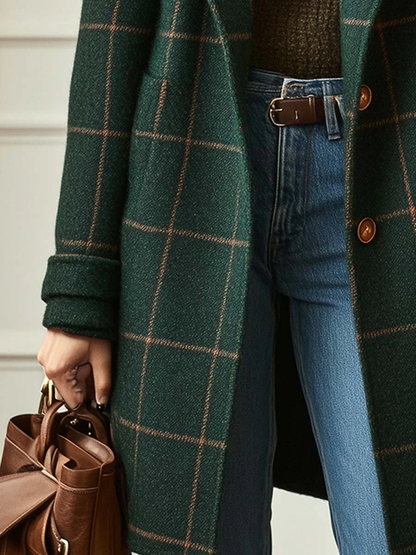 Anne-Victorine - Manteau Mi-long Vintage à Carreaux Verts